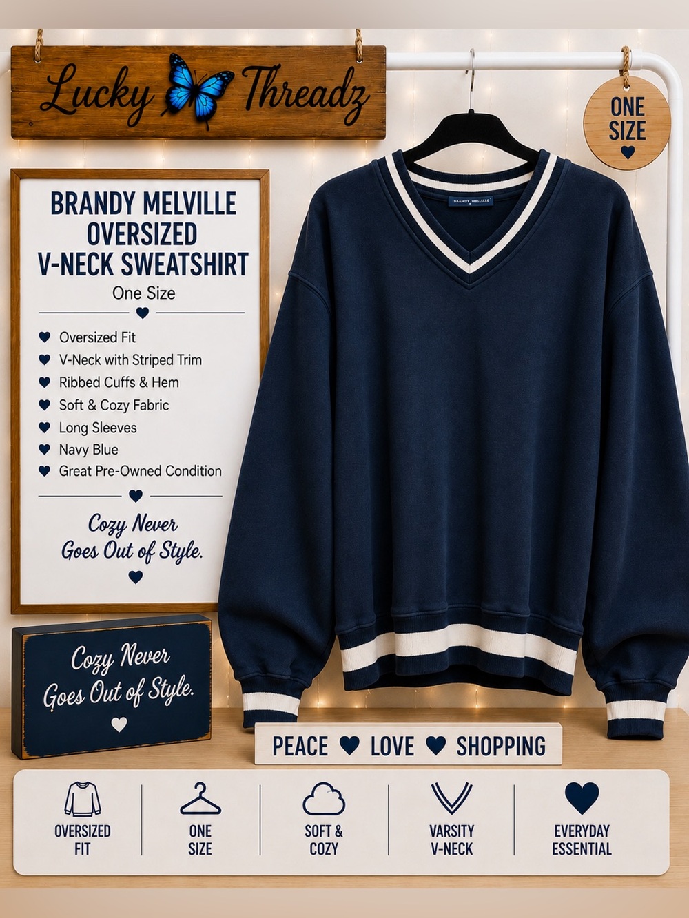 Brandy Melville Navy V‑Neck Oversized Sweatshirt - one size fits most